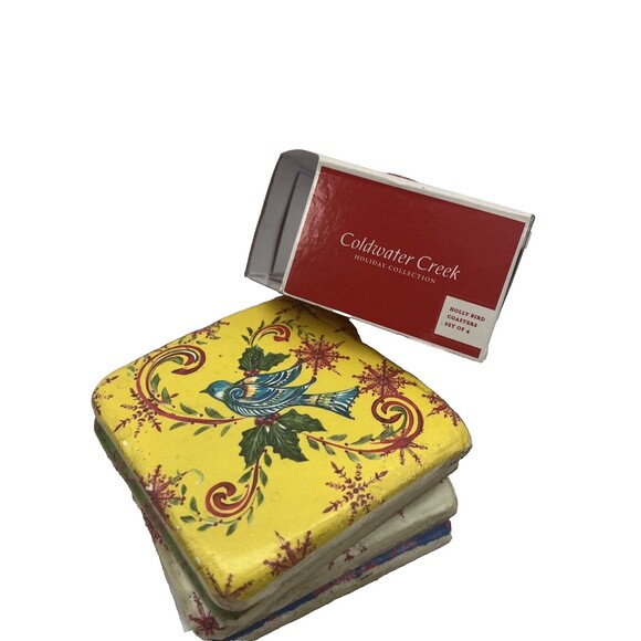 New 4 Coldwater Creek Holiday Collection HOLLY BIRD COASTERS Rustic Christmas - Picture 11 of 15
